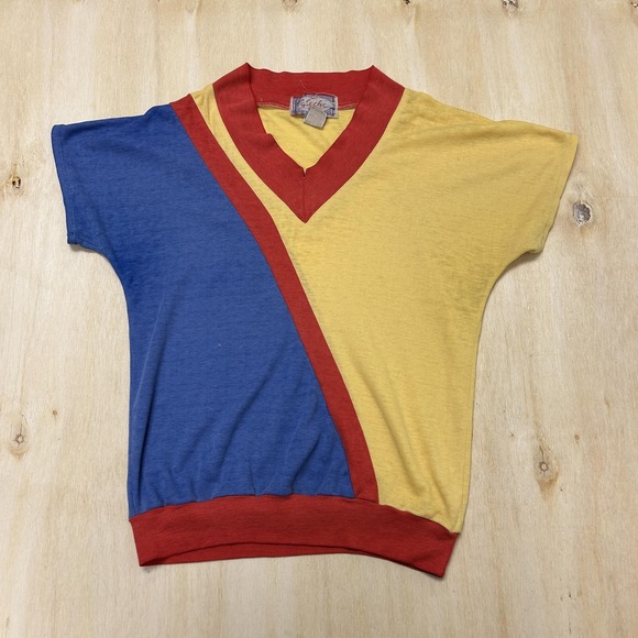 Caleche Tops - Vintage 80s Colorblock Dolman V-Neck Top Caleche Shirt Womens Medium Multicolor